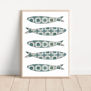 Green boho Portugal sardine tile wall decor, Green Portuguese sardine tile wall art print, Mediterranean tile home decor, Green tile poster