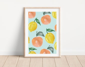 Printable watercolor citrus botanical print Lemon and Orange wall art Blue kitchen citrus artwork Colourful watercolour citrus kitchen art