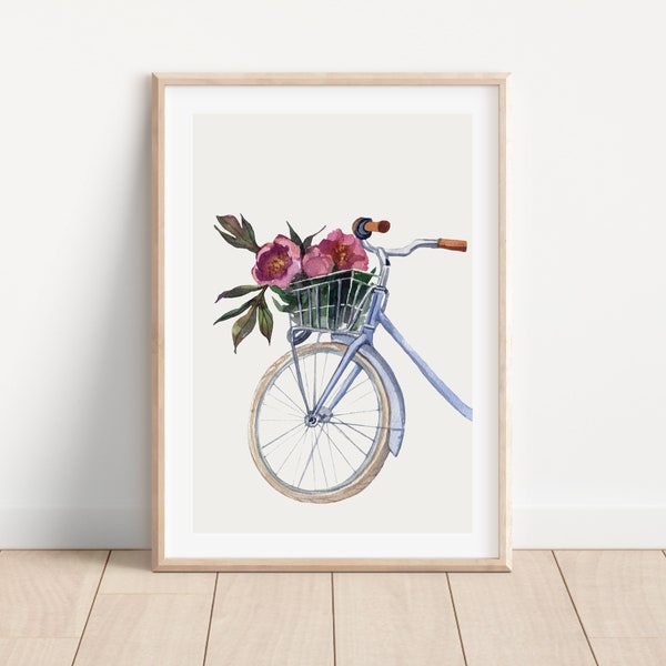 Watercolor bicycle floral wall art print, Vintage bicycle with basket of flowers print, Floral bike art print, Bike and flowers wall decor
