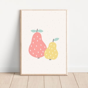 Boho pear fruit nursery wall art print, Cute pear fruit nursery wall decor, Printable fruit nursery art, Mid century modern kid wall art