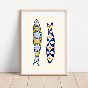 Portuguese sardine art print, Portugal tile art print, Portugal travel home decor, Boho kitchen decor wall art, Portuguese wall art decor