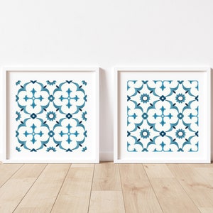 Spanish blue tile wall art, Mediterranean tile wall decor, Blue mosaic tile print, Spanish tile wall set of 2, Watercolor blue tile artwork