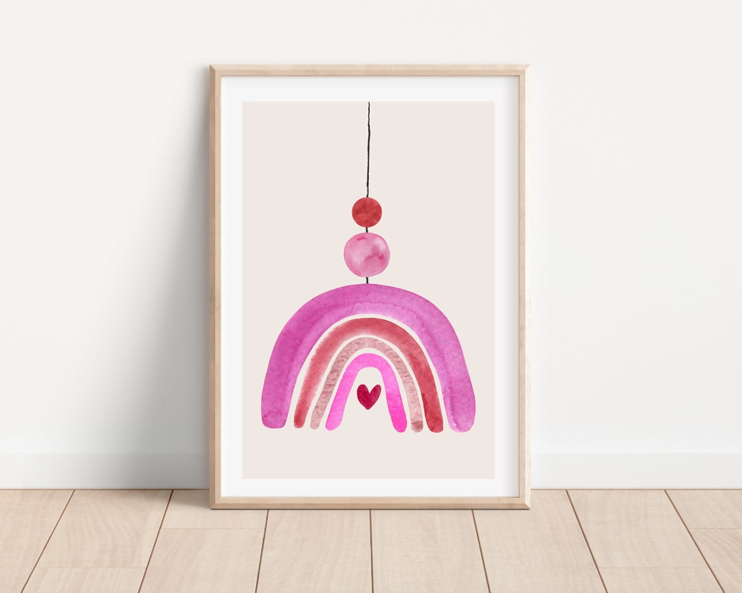 Boho Pink Rainbow Wall Art Print for Girl Nursery Decor, Printable Pink ...