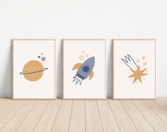 Outer space nursery wall art print, Nursery outer space poster, Celestial nursery wall decor, Printable rocket planet and star art print