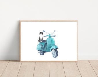 Watercolor cat and scooter wall art print, Vintage blue scooter art print, Printable vespa scooter wall art, Cat on a scooter wall decor