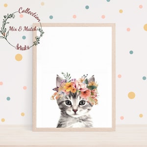 Cat print nursery Cat nursery art Nursery cat wall art Baby animal with floral crown Watercolor nursery print Decor baby room Animal nursery