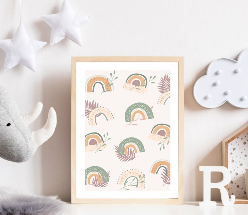 Boho Floral Neutral Nursery Rainbow Wall Art Print, Minimalist Boho ...