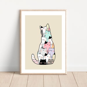 Funny cat silhouette wall art print, Modern cat silhouette home wall decor, Minimalist fun cat printable art, Abstract cat pattern poster