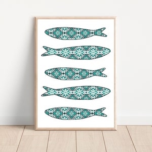 Portuguese green sardine wall art print, Portugal sardine green tile wall decor, Green azulejo printable art, Moroccan green tile art print