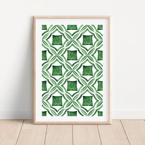 Mediterranean green tile art print, Green spanish tile wall art, Spanish azulejo print, Watercolor tile wall decor, Andalusian tile decor