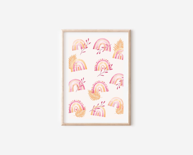 Boho Watercolor Pink Floral Rainbow Wall Art Print, Baby Girl Nursery ...