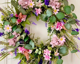 Spring Summer meadow wreath, Hydrangeas and Lavender, Pinks and Purple selection, cottage decor, All year round wreath, protective backing