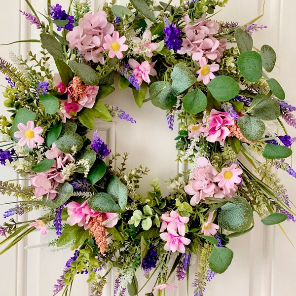 Spring Summer meadow wreath, Hydrangeas and Lavender, Pinks and Purple selection, cottage decor, All year round wreath, protective backing