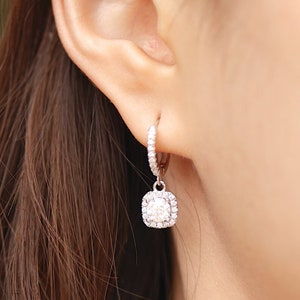 Moissanite Halo Drop Hoop Earrings Round Brilliant 1 Total Carat in Sterling Silver