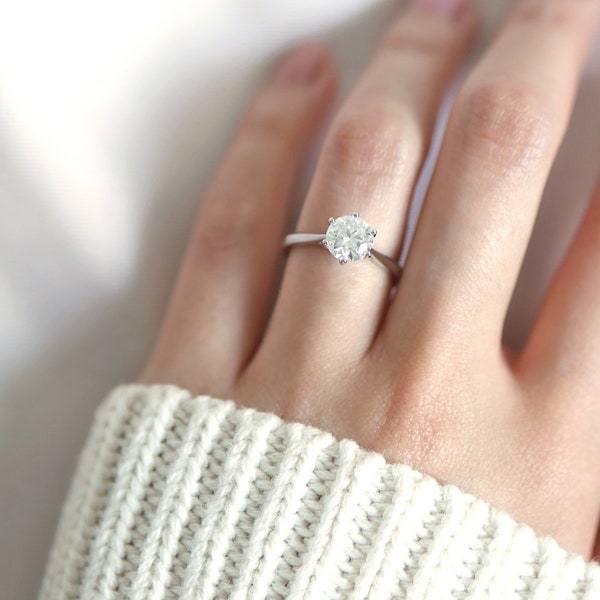 Moissanite Sterling Silver Solitaire Ring: 1/2/3 Carat Classic Six-Prong Setting