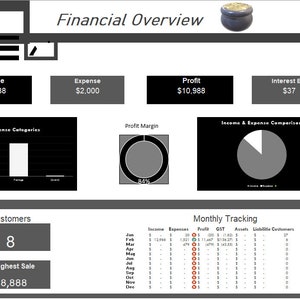 May include: A black and white financial overview dashboard with charts and graphs showing income, expenses, profit, and interest earned. The dashboard also includes a monthly tracking table with data for income, expenses, profit, GST, assets, liabilities, and customers.