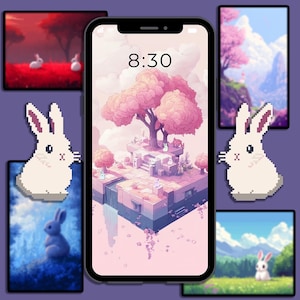 Puede incluir: Un smartphone muestra un paisaje rosa y morado con un gran árbol y pequeños conejos blancos. Alrededor del teléfono hay imágenes pixeladas e ilustradas de conejos y paisajes. La hora 8:30 se muestra en la pantalla del teléfono.