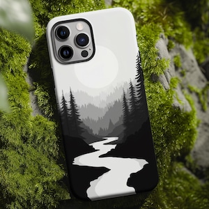 Custodia per telefono minimalista in bianco e nero con foresta - Tranquillo ruscello e pini