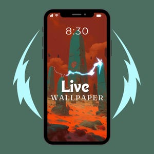 May include: A smartphone displaying a live wallpaper with a red and orange sky, blue lightning bolts, and tall stone pillars. The time on the screen is 8:30. The text "Live Wallpaper" is displayed on the screen.