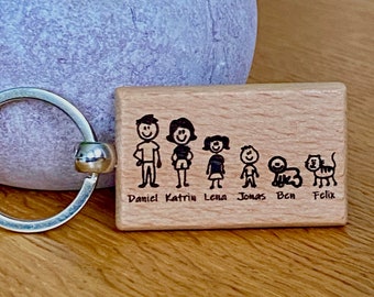 Schlüsselanhänger Familie - personalisierter Anhänger mit Namen und Motiv als Gravur auf Holz Familiennamen graviert Mutter Vater Kind