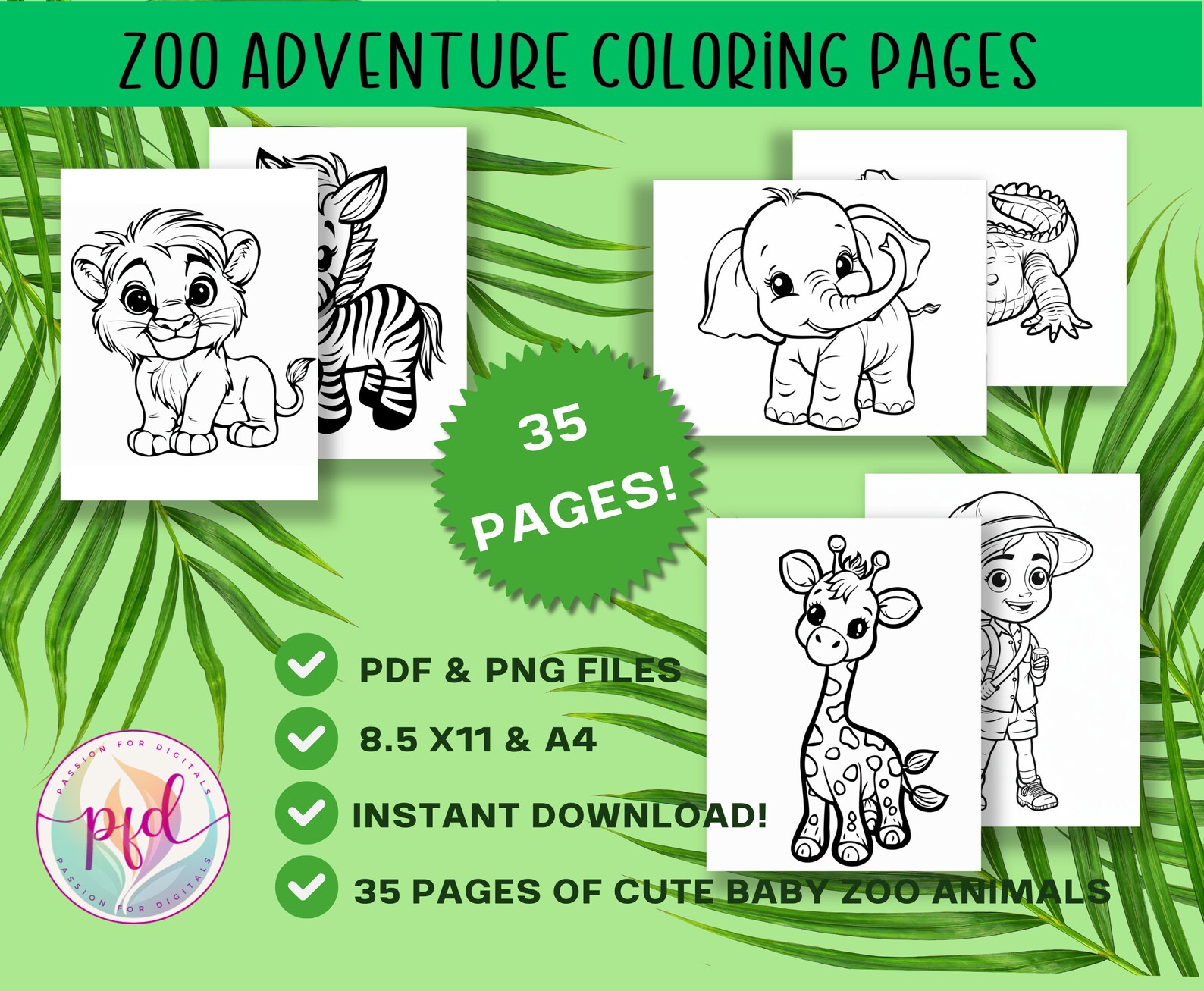 Zoo Animal Coloring Pages Pdf Instant Download 35 Digital Files Kids ...