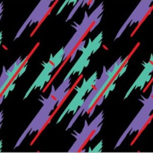 Puede incluir: Patrón geométrico abstracto con líneas diagonales en tonos de morado, verde azulado y rojo sobre un fondo negro.