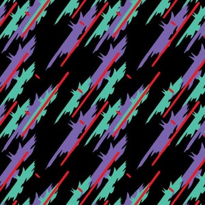 May include: Abstract geometric pattern with diagonal lines in red, purple, and teal on a black background.