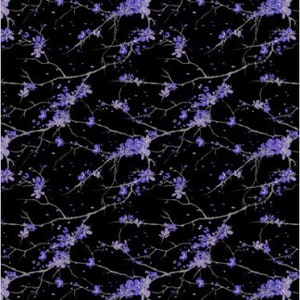 May include: A seamless pattern featuring delicate purple flowers blooming on thin, grey branches against a black background.
