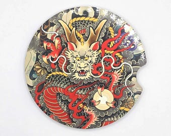 Ryu Car Coasters - Anime Cup Holder Coaster - 2.75" Japanese Dragon Cup Coasters - Asian Style Coaster - Anime Accessory - Anime Gifts