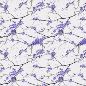 May include: A seamless pattern featuring delicate black branches with clusters of purple flowers on a white background.