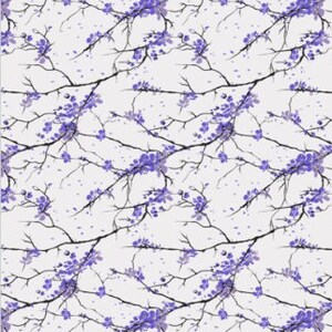 May include: A seamless pattern featuring delicate purple flowers blooming on thin black branches against a white background.