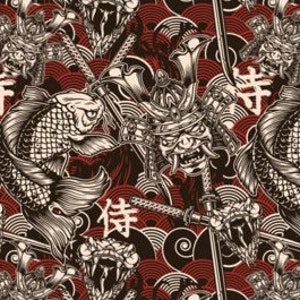 Könnte beinhalten: Ein nahtloses Muster mit einem sich wiederholenden Design aus Koi-Karpfen, Samurai-Helmen, Schwertern und japanischen Schriftzeichen. Das Muster ist in Schwarz, Weiß und Rot auf einem dunkelbraunen Hintergrund.