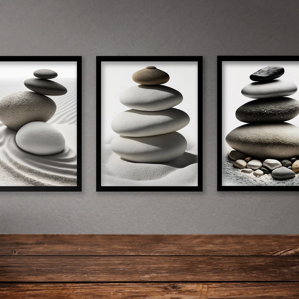Impressions de pierres d'équilibrage zen, lot de quatre, ART IMPRIMABLE, impression abstraite, téléchargement immédiat, empilage de pierres, concentration de mise au point d'équilibrage