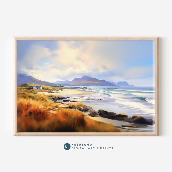 Beach Cottage Print | Scenic Landscape Oil Painting Download, Panoramic Landscape Art, Cute Beach Cottage Print, Ocean Waves, Coastal Art