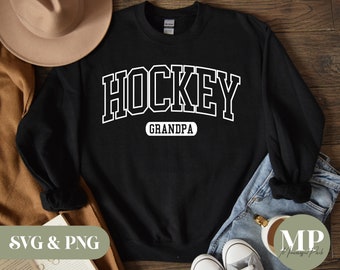 May include: Black sweatshirt with white text that reads "Hockey Grandpa".