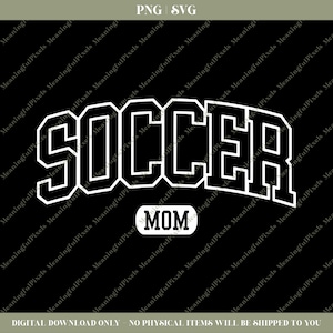 May include: Black and white graphic design of the word "SOCCER" in a large, bold font with a white rectangle underneath that says "MOM".