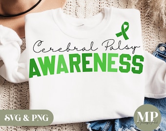 Puede incluir: Camiseta blanca con texto verde que dice "Cerebral Palsy AWARENESS" y una cinta verde.