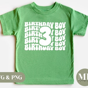 May include: Green t-shirt with a white graphic of the number 3 surrounded by the words "Birthday Boy" in a retro font.