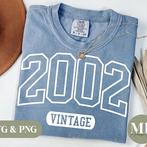 May include: A blue t-shirt with white text that says "2002 Vintage".