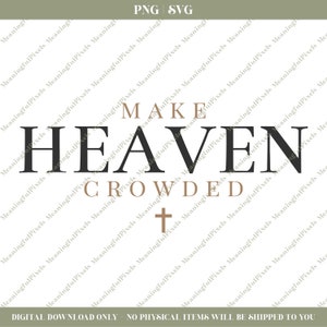 Pu&ograve; includere: Uno sfondo bianco con testo marrone che recita "MAKE HEAVEN CROWDED" in maiuscolo. Una croce nera si trova sotto il testo.
