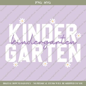 May include: White text on a light purple background reads "kindergarten" with the word "garten" in purple script. White daisies are scattered around the text.