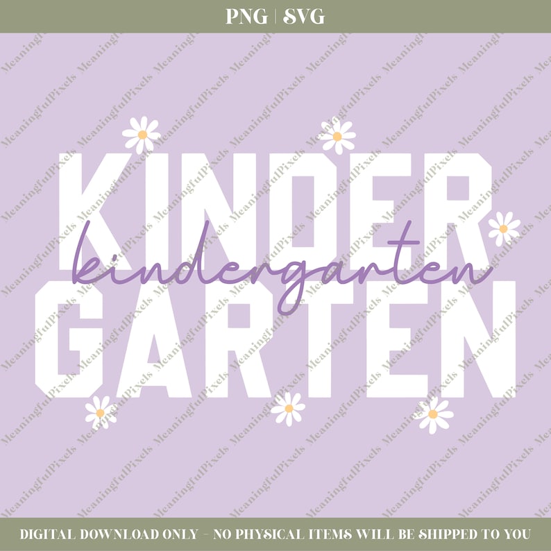 May include: White text on a light purple background reads "kindergarten" with the word "garten" in purple script. White daisies are scattered around the text.