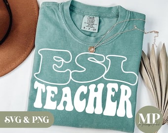 May include: A teal-colored t-shirt with the words "ESL TEACHER" in a white, retro font. The shirt has a crew neck and short sleeves. A gold necklace with a pendant is draped on the shirt. The words "SVG & PNG" are at the bottom left.