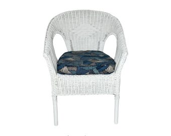 SOLD wicker chair, seating, white, abstract design, blue, white, furniture