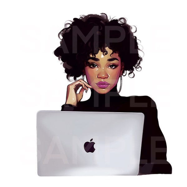 Black woman laptop png, african american laptop png, Woman working on laptop, Boss babe png, Black Girl Laptop sublimation, Black fashion