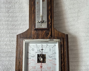 Vintage Aneroid Barometer in Wood Frame, Antique Weather Station, Industrial Wall Decor, Scientific Instrument, Weather Forecaster.