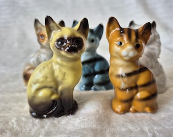 Vintage Set of 5 Porcelain Cat Figurines - Made in Japan Mid Century Modern - Miniature Kitsch Cat Statues - Retro MCM Ceramic Set