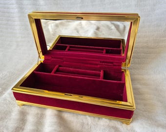 Vintage Centurion Red Velvet Jewellery Box with Gold Trim and Mirror. Regency Style Jewellery Organizer. Mid-Century Velvet Keepsake Box.