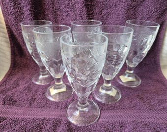 Vintage Luminarc France Fruit Goblets, Set of 6, Embossed Grape & Apple Pattern Glassware, Retro 1980s Wine or Sundae Glasses