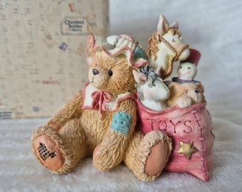 Vintage 1993 Cherished Teddies Carolyn Figurine 912921, "Wishing You All Good Things," Enesco Bear with Toy Bag, Horse & Snowman, Retired